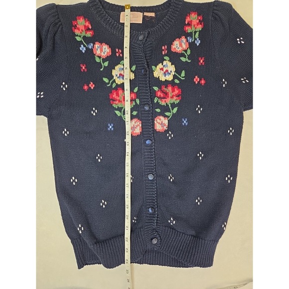 Vintage Knitted Floral Short Sleeve Sweater Cardigan Navy Blue GrannyCore Size S - Picture 11 of 13